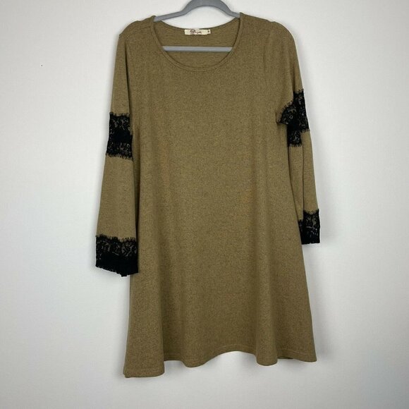 Aryeh Tan Knit Dress Lace Sleeve Details Size Medium - Picture 1 of 7